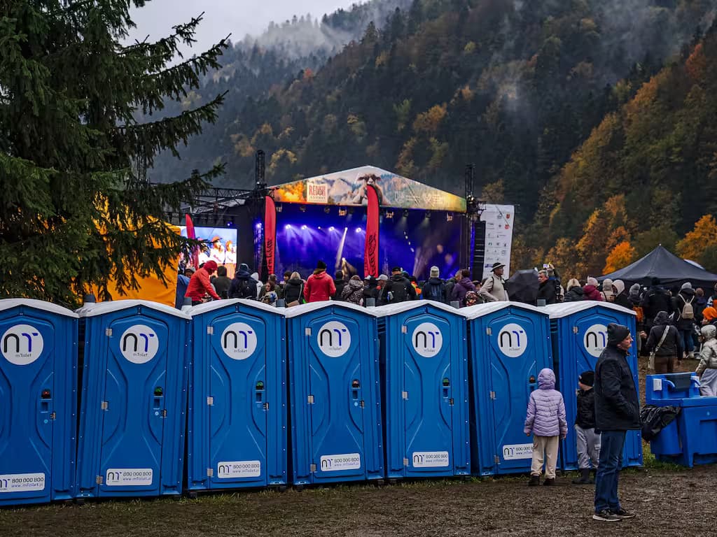 Portable toilets at an outdoor festival